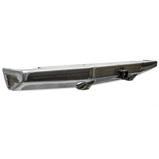 Black steel rear bumper with mounting brackets, side view, for classic Ford Bronco