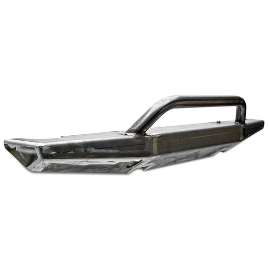 Black steel front bumper with pre-runner bar for Ford Bronco, three-quarter view