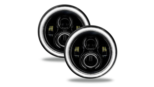 Pair of black bezel LED headlights with high-powered white light, front view