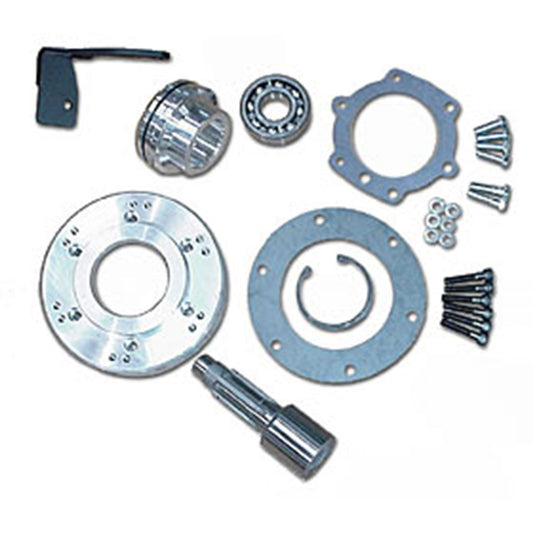 Black metal 5-speed transmission adapter with bolt holes, side view