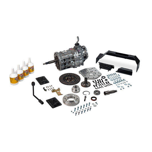 5-speed overdrive transmission with adapter plate, side view showing gear selector and mounting poin