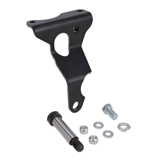 Black metal transfer case shifter mount with bolt holes, side view