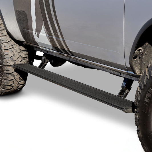 Black metal power step kit with textured tread, side view
