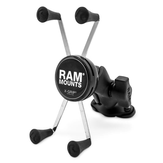 Black metal accessory mount with rubberized grip, side view