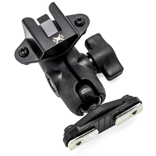 Black metal mic mount with adjustable clamp for dash installation, side view