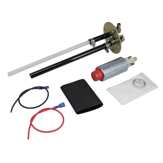 Silver fuel pump assembly with inlet and outlet ports, side view