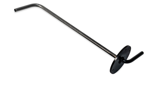 Black metal fuel pickup hat with barbed fittings, side view