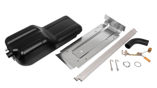 Black steel auxiliary fuel tank with skid plate, side view