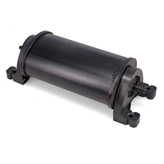 Black metal fuel vapor canister with mounting bracket, side view
