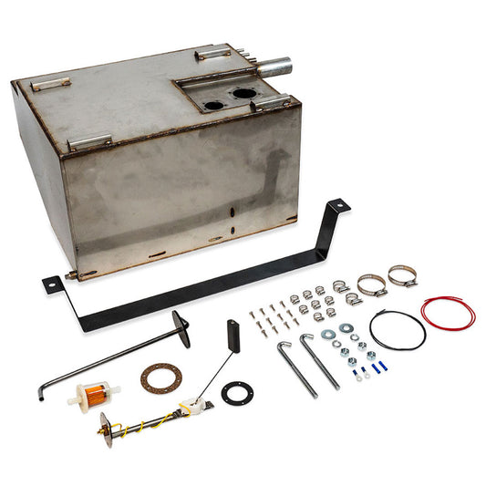 Stainless steel fuel tank with mounting hardware, side view