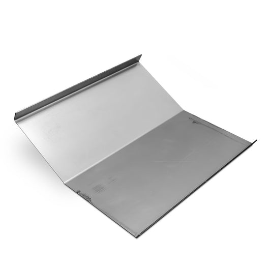 Black metal skid plate with mounting holes for fuel tank protection, front view