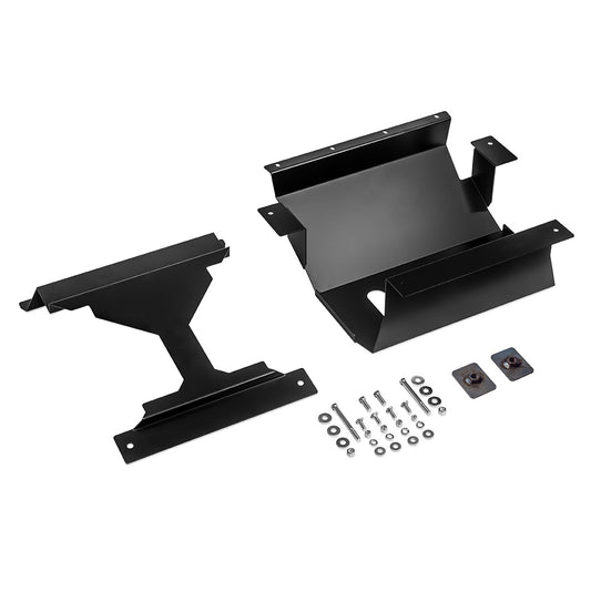 Black steel skid plate with mounting brackets for Ford Bronco, underside view
