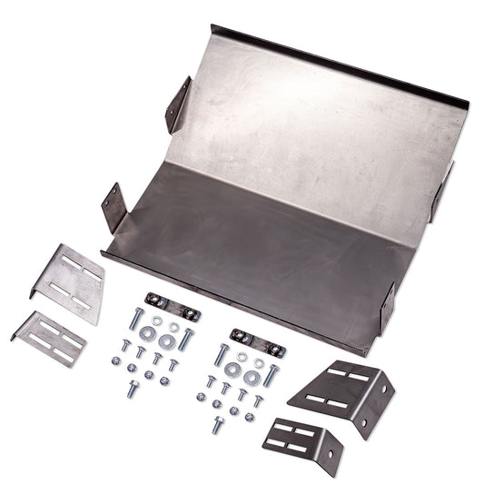 Black steel skid plate with mounting brackets for 23-gallon fuel tank, side view
