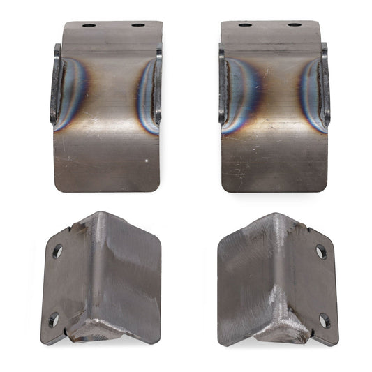 Set of four black steel fuel tank brackets with mounting holes, side view