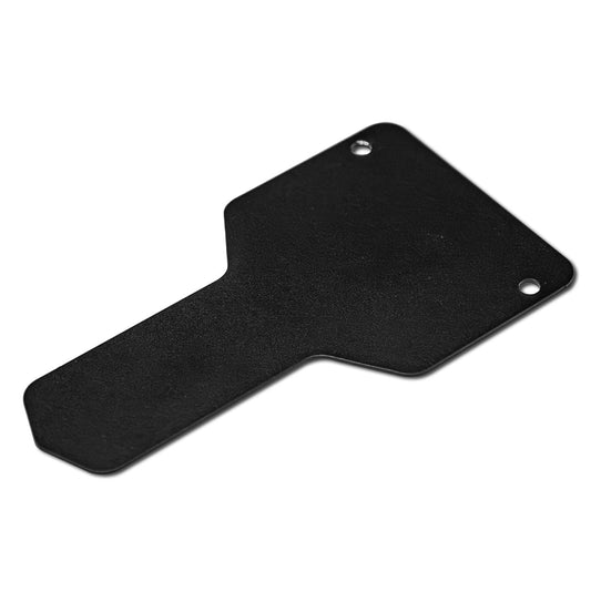 Silver metal A/C condenser guard plate with mounting holes, front view