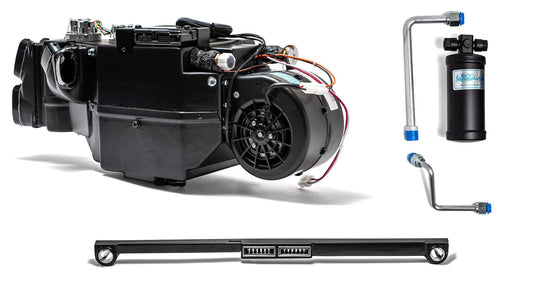 Universal under-dash AC plenum with black hoses and control panel, front view