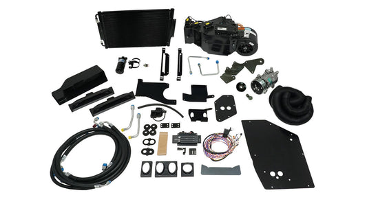 Silver automotive AC kit with hoses and vents, front view