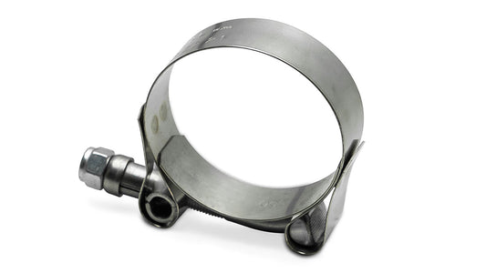 Stainless steel T-bolt hose clamp for radiator, side view showing bolt and band details