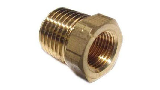Metal radiator adapter fitting with hose connections, side view