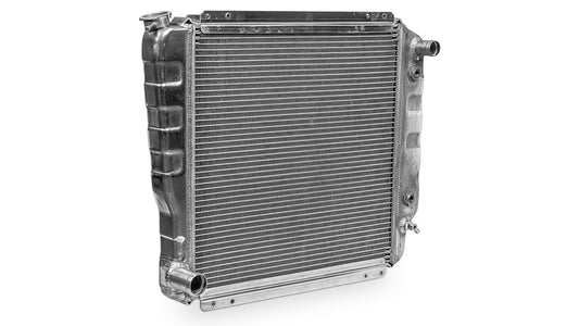 Silver aluminum radiator with three-core design and reverse flow, front view