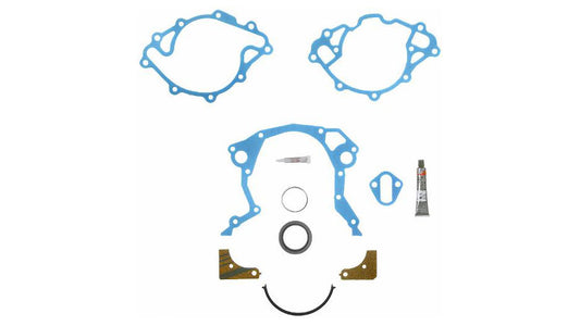 Black rubber timing chain cover gasket with bolt holes, side view