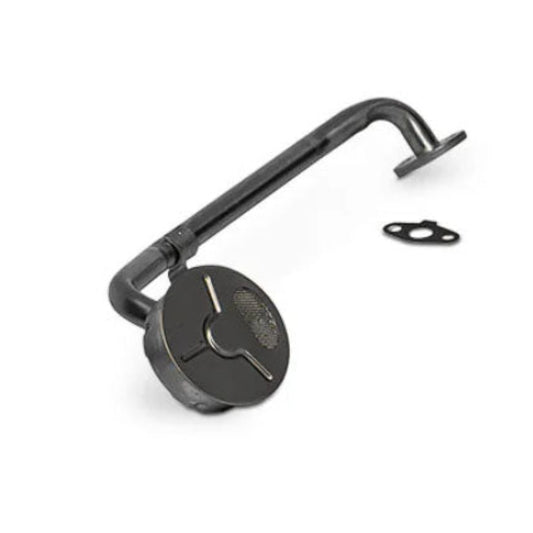Bronze-colored oil pan pickup tube with mounting flange, side view