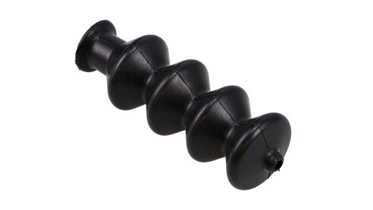 Black rubber firewall boot with ribbed texture, side view