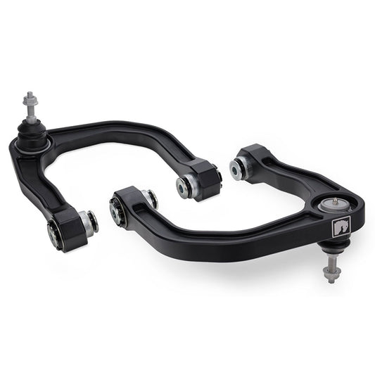 Black billet upper control arms for Ford Bronco, machined finish with grease fittings, side view