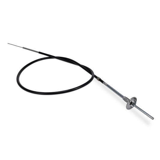 Black hand throttle cable with metal fittings and adjustment knob, side view