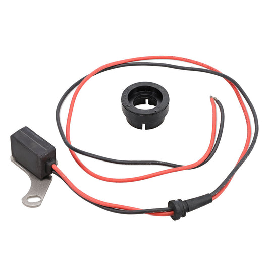 Silver electronic ignition module with red wires for classic Ford Bronco, close-up view