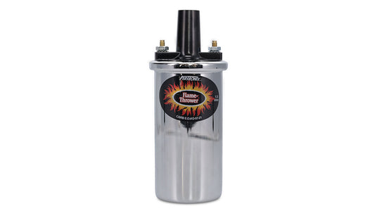 Chrome ignition coil with Flame-Thrower logo, side view