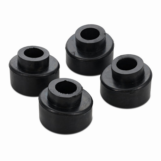 Black rubber bushings with textured surface and metal sleeve, side view