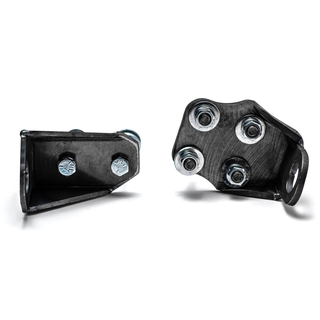 Black steel steering stabilizer bracket with mounting hardware, side view