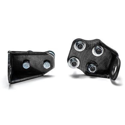 Black steel steering stabilizer bracket with mounting hardware, side view