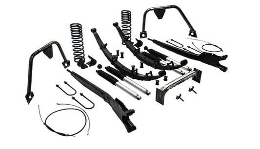 Black suspension lift kit with heavy-duty shocks and mounting brackets, front view