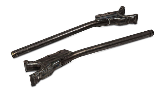 Extended curved tubular radius arms for Ford Bronco, black powder-coated finish, side view