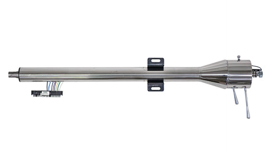 Polished stainless steel tilt steering column with floor shift mount, side view