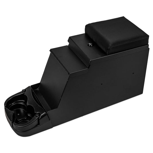 Black metal security console with stereo port and locking mechanism, front view