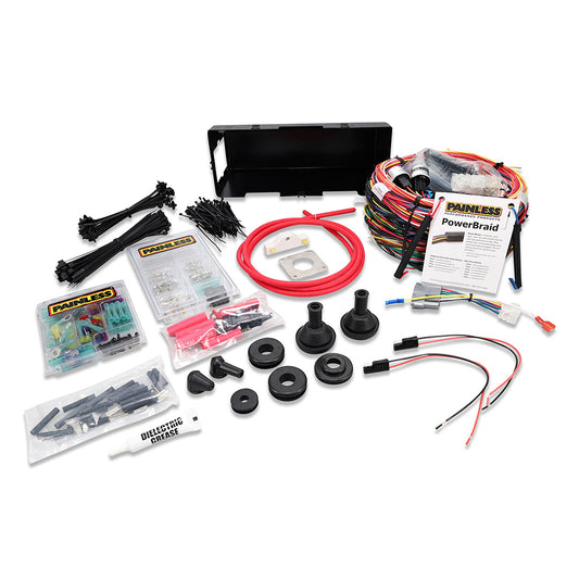 Black wiring harness with labeled circuits and protective loom, front view