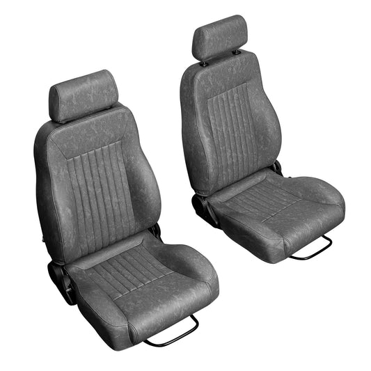 Gray automotive bucket seats with front-mounted adjustment buckles, front view