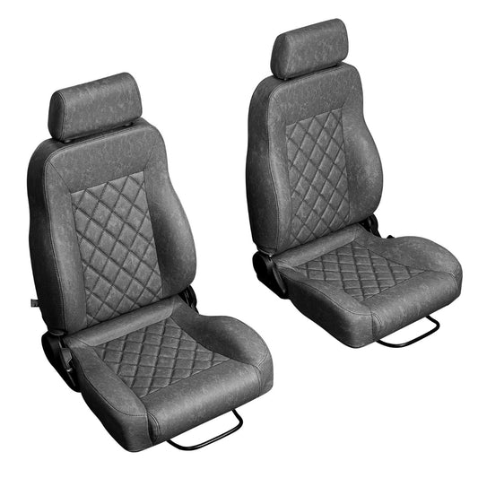 Gray diamond-stitched bucket seats with metal mounting brackets, front view