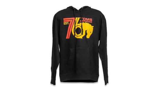 Gray hoodie with retro 76 graphic and front pocket, front view
