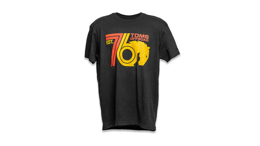 Gray vintage-style t-shirt with retro 76 graphic, front view