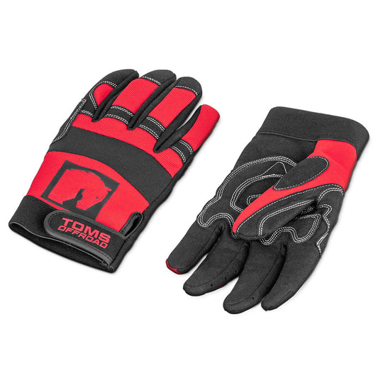 Black mechanic gloves with reinforced knuckles and breathable mesh panels, front view