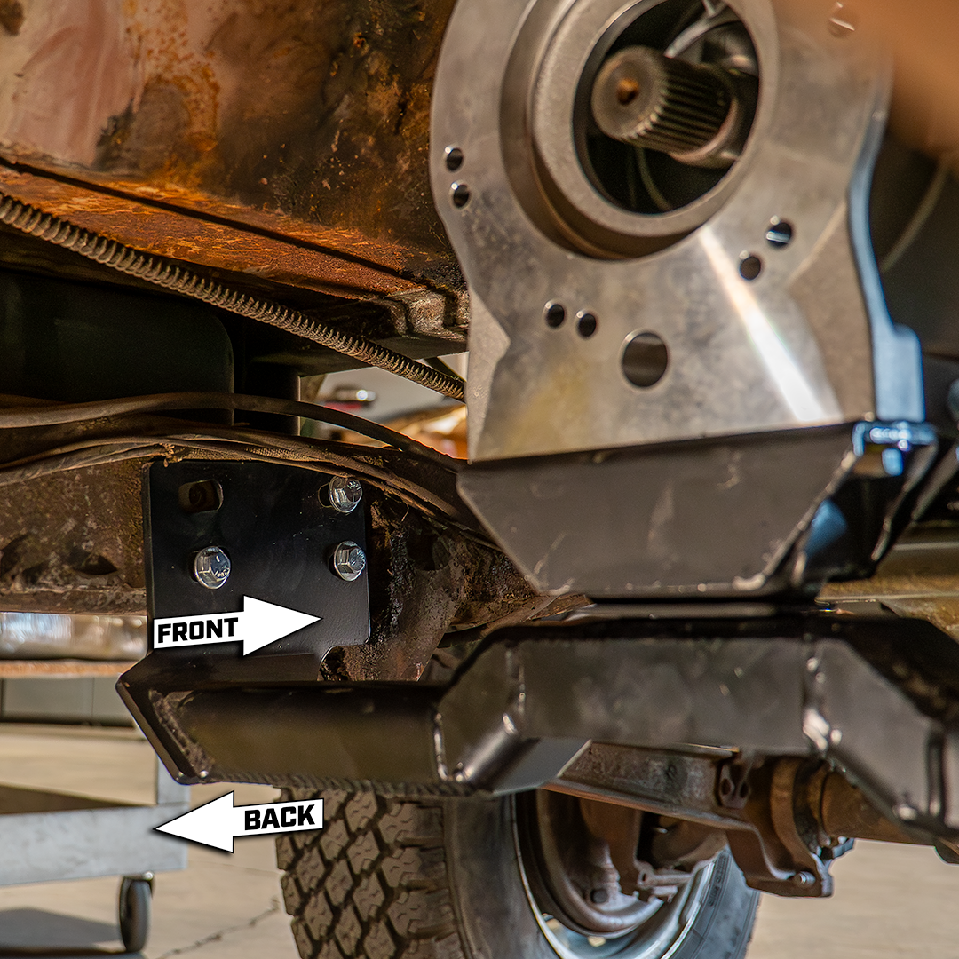 Steel transmission crossmember with mounting brackets for Ford Bronco, side view
