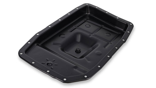 Black metal oil pan with bolt holes and drain plug, side view