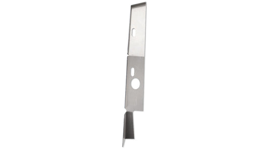 Black metal firewall heater box reinforcement panel with mounting holes, passenger side view