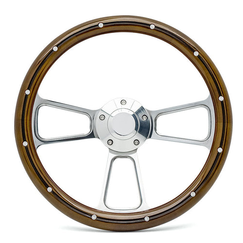 Polished Billet Steering Wheel w/Mahogany Wood Wrap