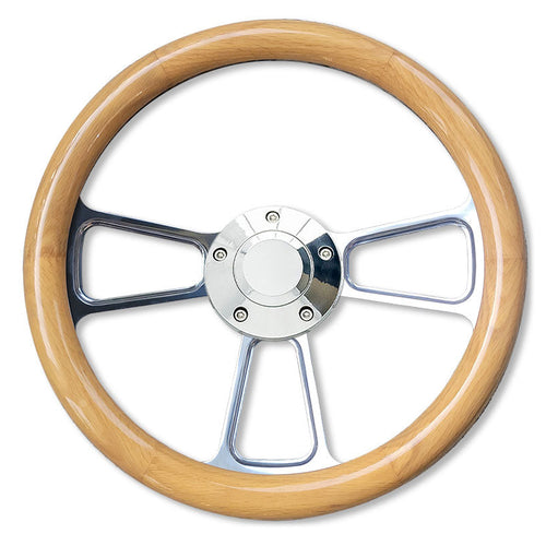 Polished Billet Steering Wheel w/Natural Oak Wood Wrap
