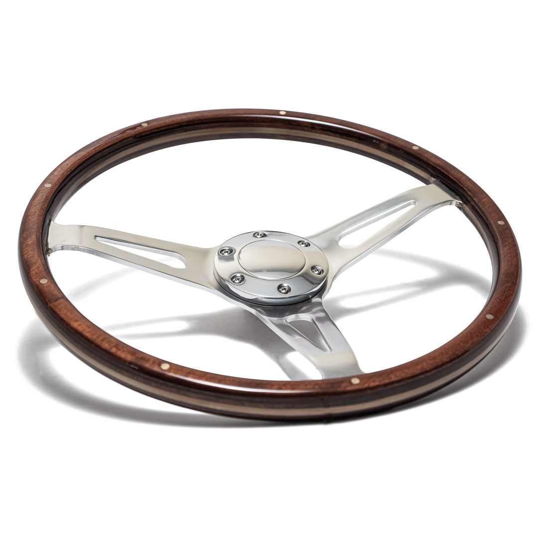 Vintage Silver Steering Wheel w/Full Wood Wrap